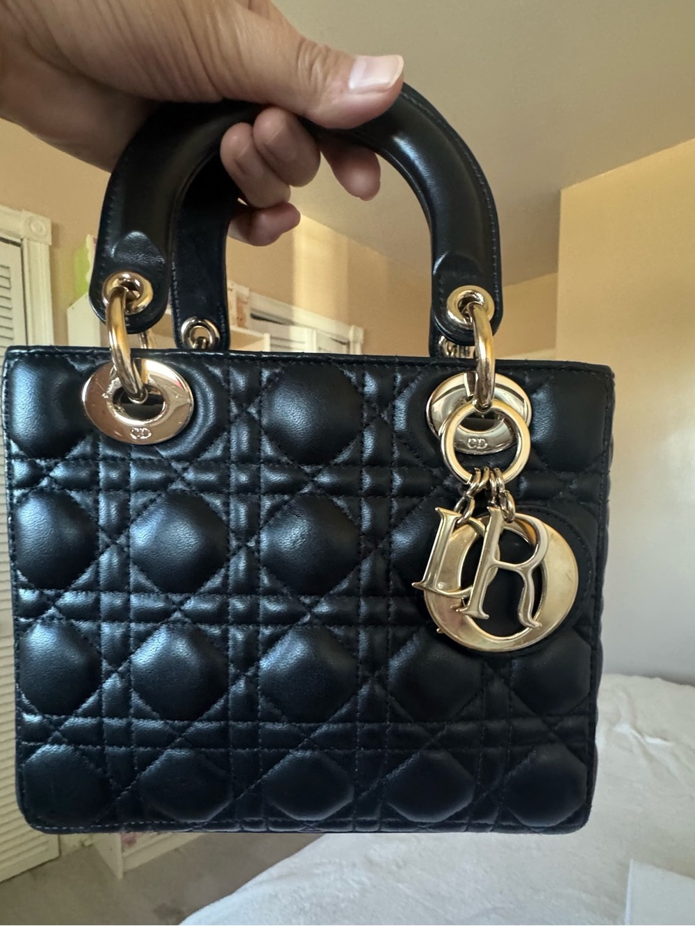 Dior Black Quilted Lambskin Lady Dior Satchel with Gold Hardware Charms